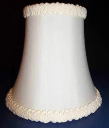 A white fabric lampshade with a flared shape, featuring decorative ruffled trim along the top and bottom edges, set against a dark background.