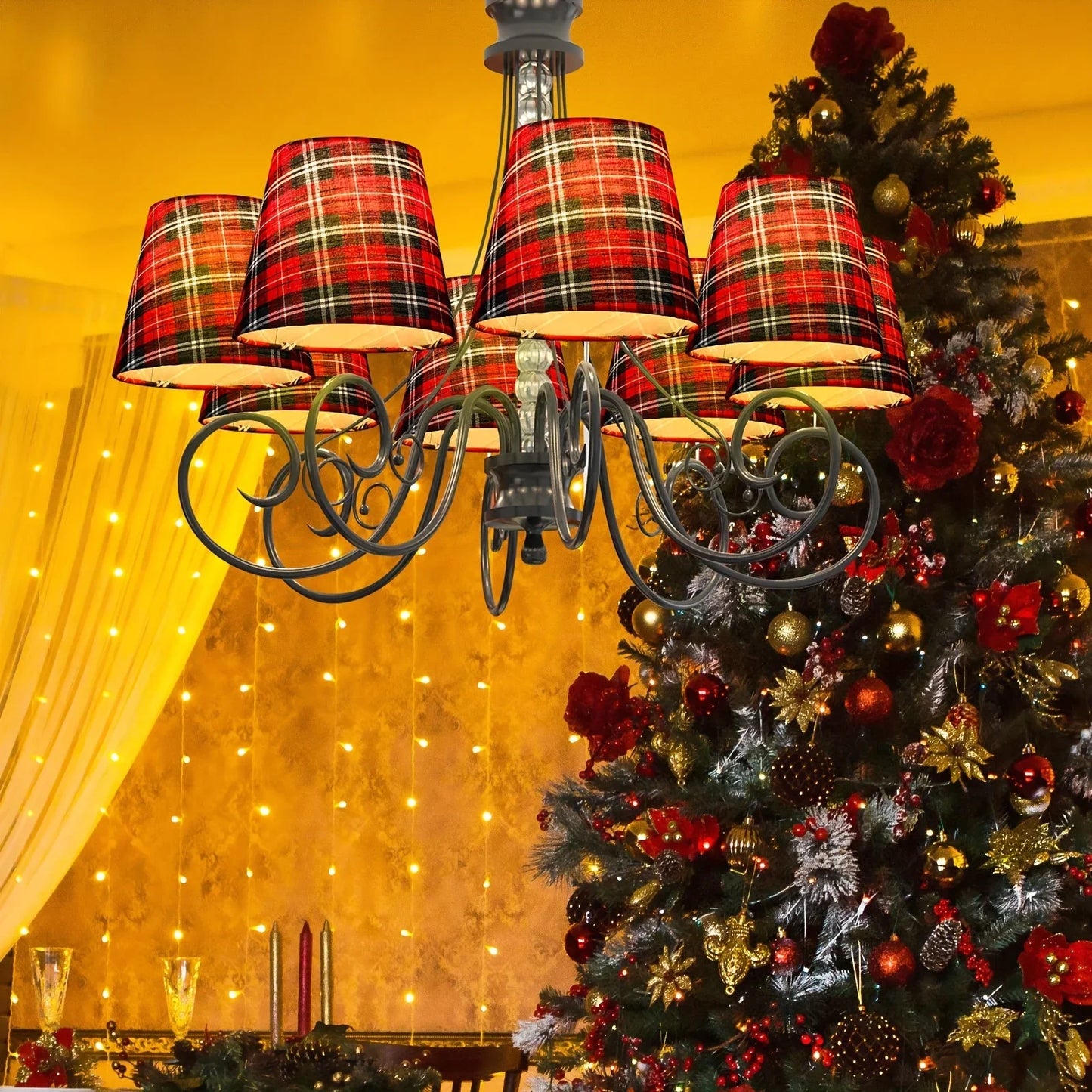 6pcs Red Plaid Chandelier Lamp Shades Set