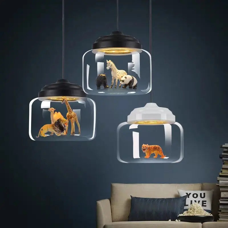 Modern LED Pendant Light with Glass Lampshade Cute Animal Lighting Fixture for Children's Reading And Living Room Decor Hanging Suspension