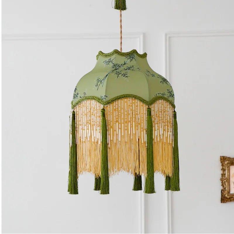 DX3-559 - Chinese Bamboo Lampshade With Tassels Luxury Retro Green Plants - Specialty Shades