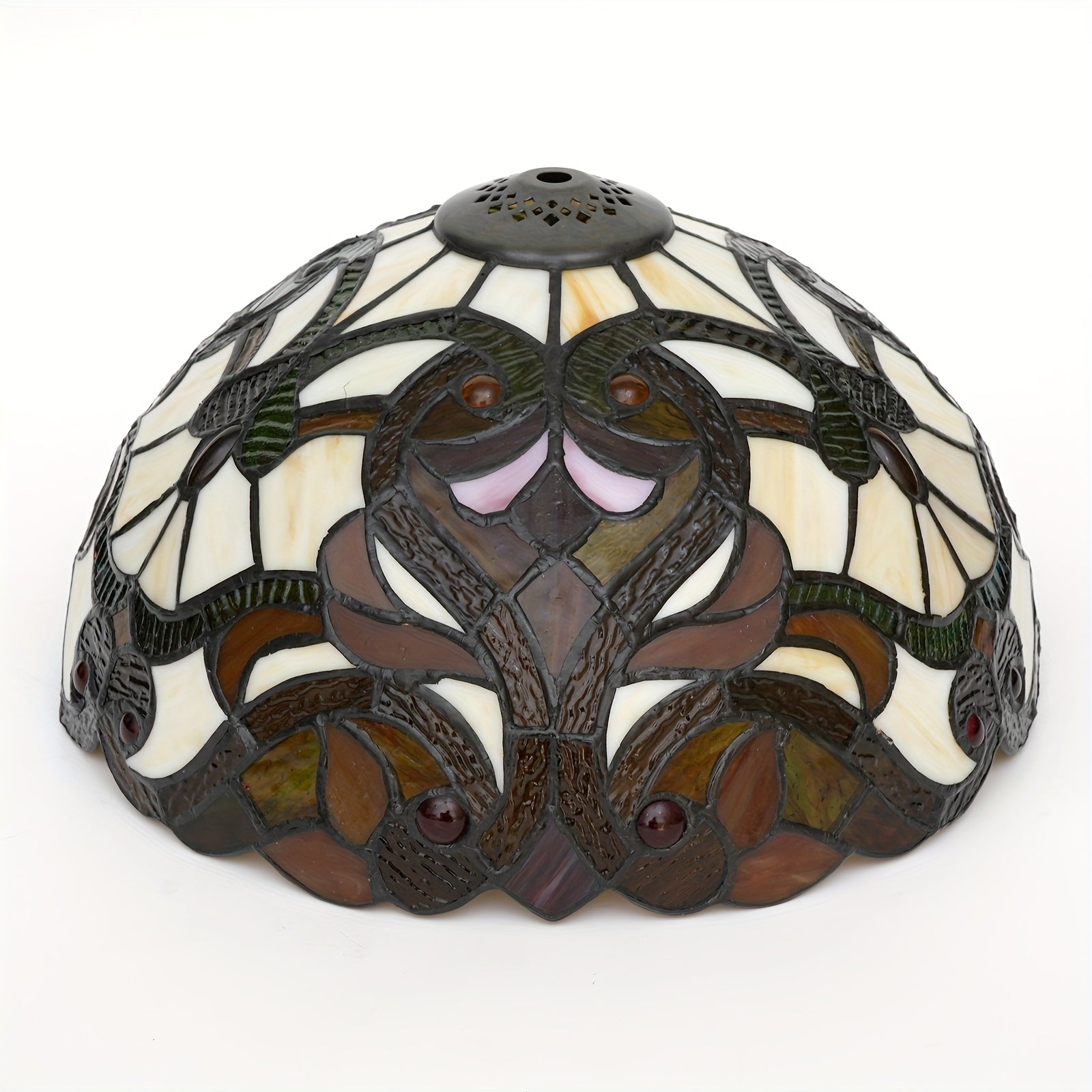 Stained Glass Lampshade with Crystal Beads & Green Leaves