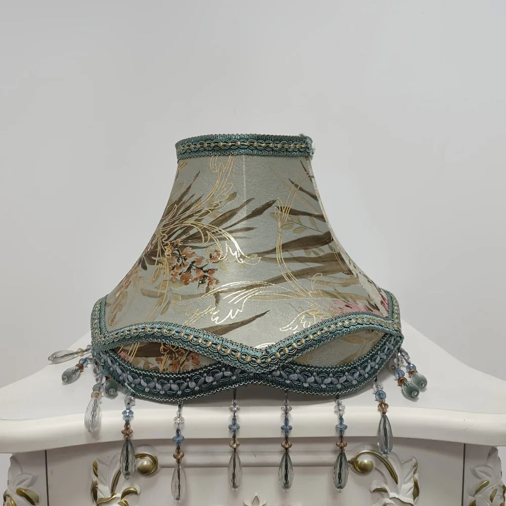 New Chinese-Style Printed Lampshade with Bead Fringe Trim - Vintage Palace Design, Compatible with Various Table lamps