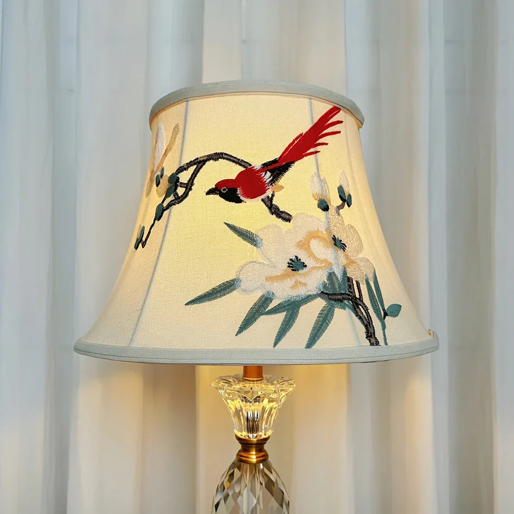 Vintage Hand-Embroidered Fabric Lampshade with Red Bird Floral Accents