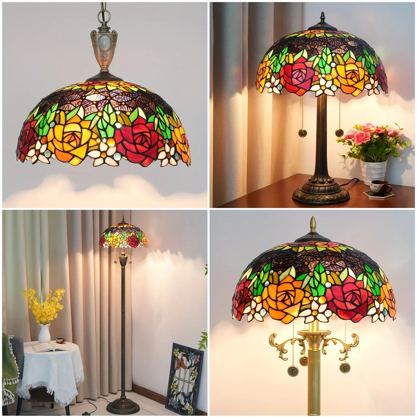 16-Inch Rose Stained Glass Lampshade Replacement