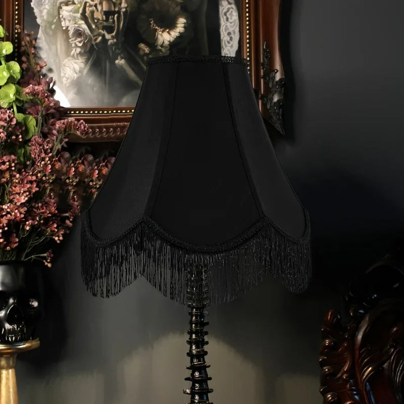 Set of 2 Elegant Black Satin Bell Lampshades with Fringe Trim