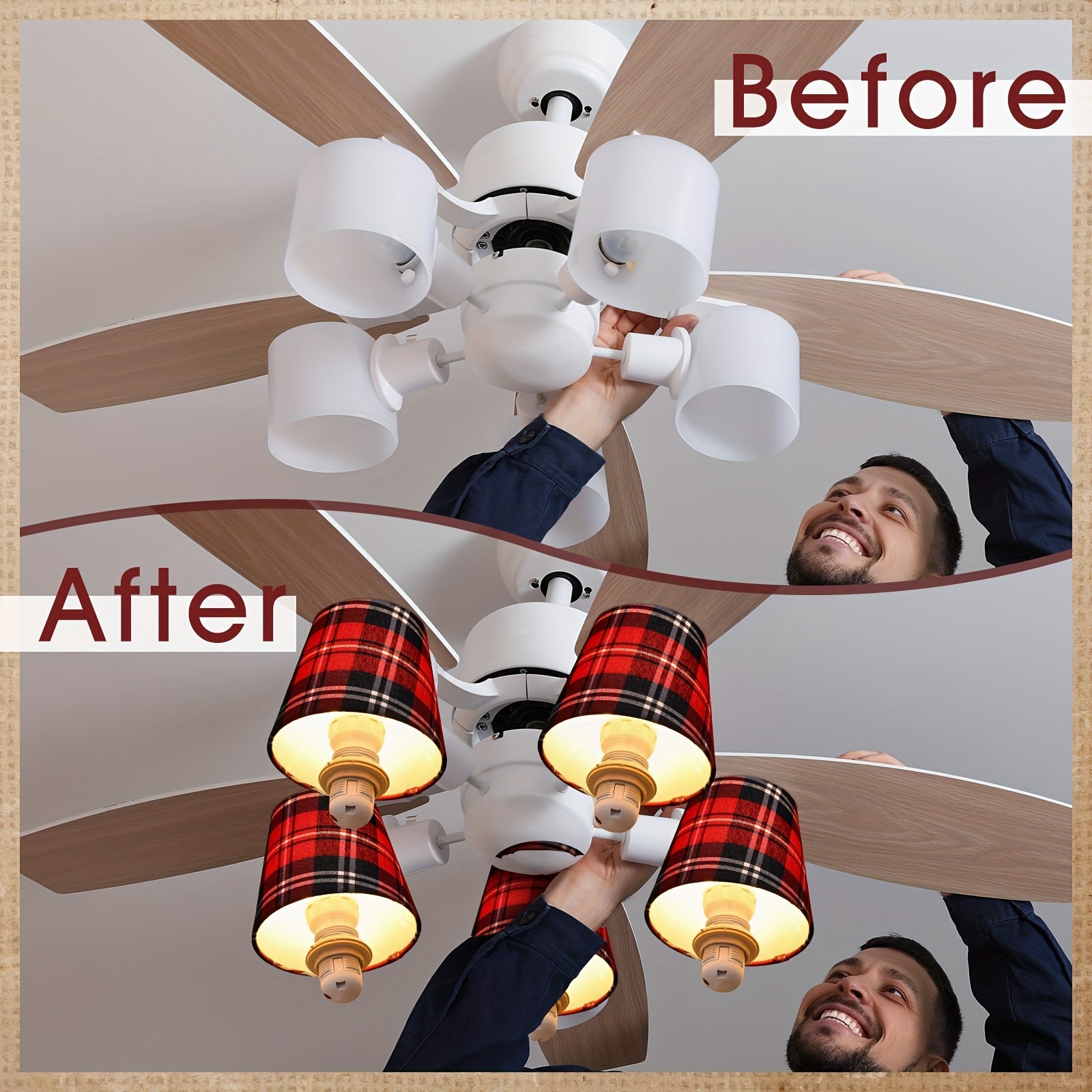 6pcs Red Plaid Chandelier Lamp Shades Set - Hardback Conical Drop Fixtures with Golden-Toned Caps, Compatible with 6-Bulb Fixtures, Plastic Replacement Shades for Modern Ceiling/Wall (5.91"W x 5.12"H) - Holiday & Decor
