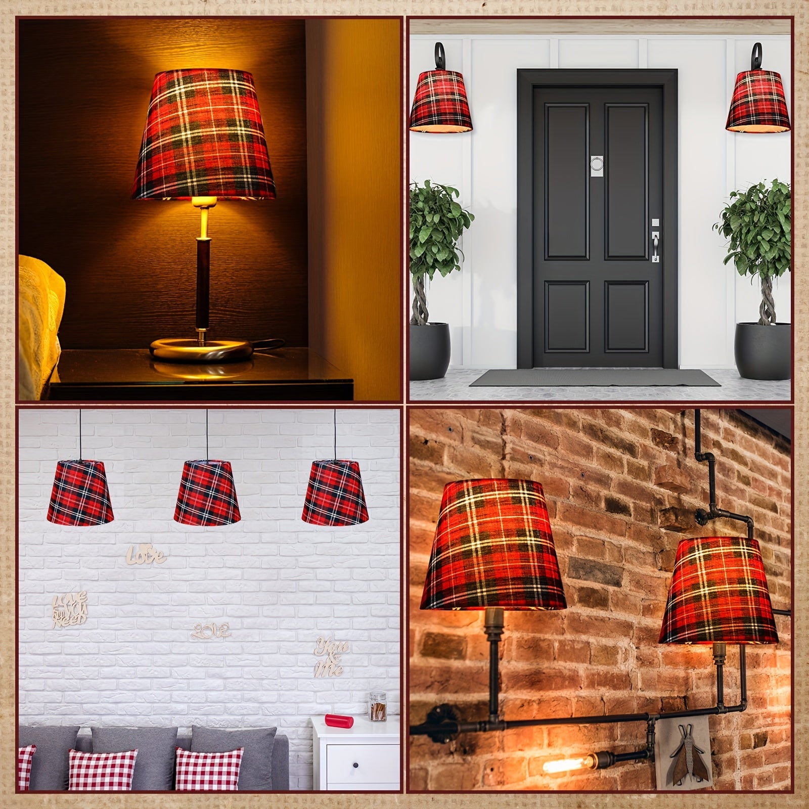 6pcs Red Plaid Chandelier Lamp Shades Set - Hardback Conical Drop Fixtures with Golden-Toned Caps, Compatible with 6-Bulb Fixtures, Plastic Replacement Shades for Modern Ceiling/Wall (5.91"W x 5.12"H) - Holiday & Decor