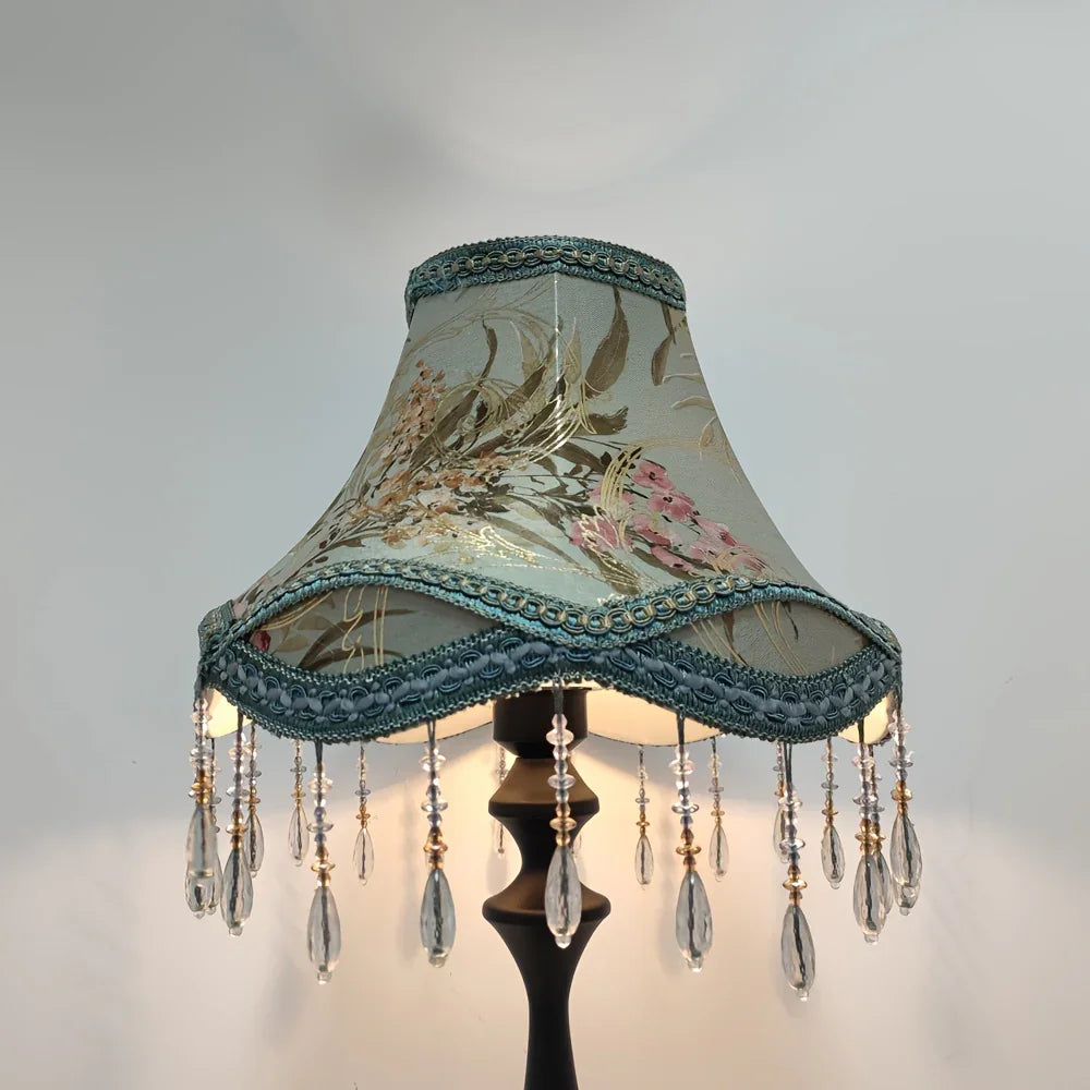 New Chinese-Style Printed Lampshade with Bead Fringe Trim - Vintage Palace Design, Compatible with Various Table lamps