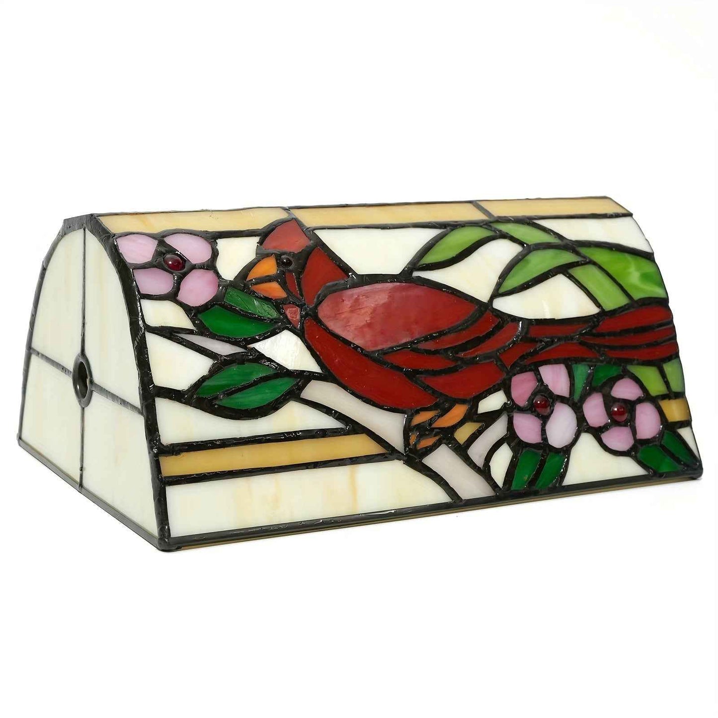 Tiffany Style Stained Glass Lamp Shade, Antique Finish Handcrafted Art Glass, Decorative Bankers Desk Light Cover, Retro Bird and Flower Pattern, No Electricity Required