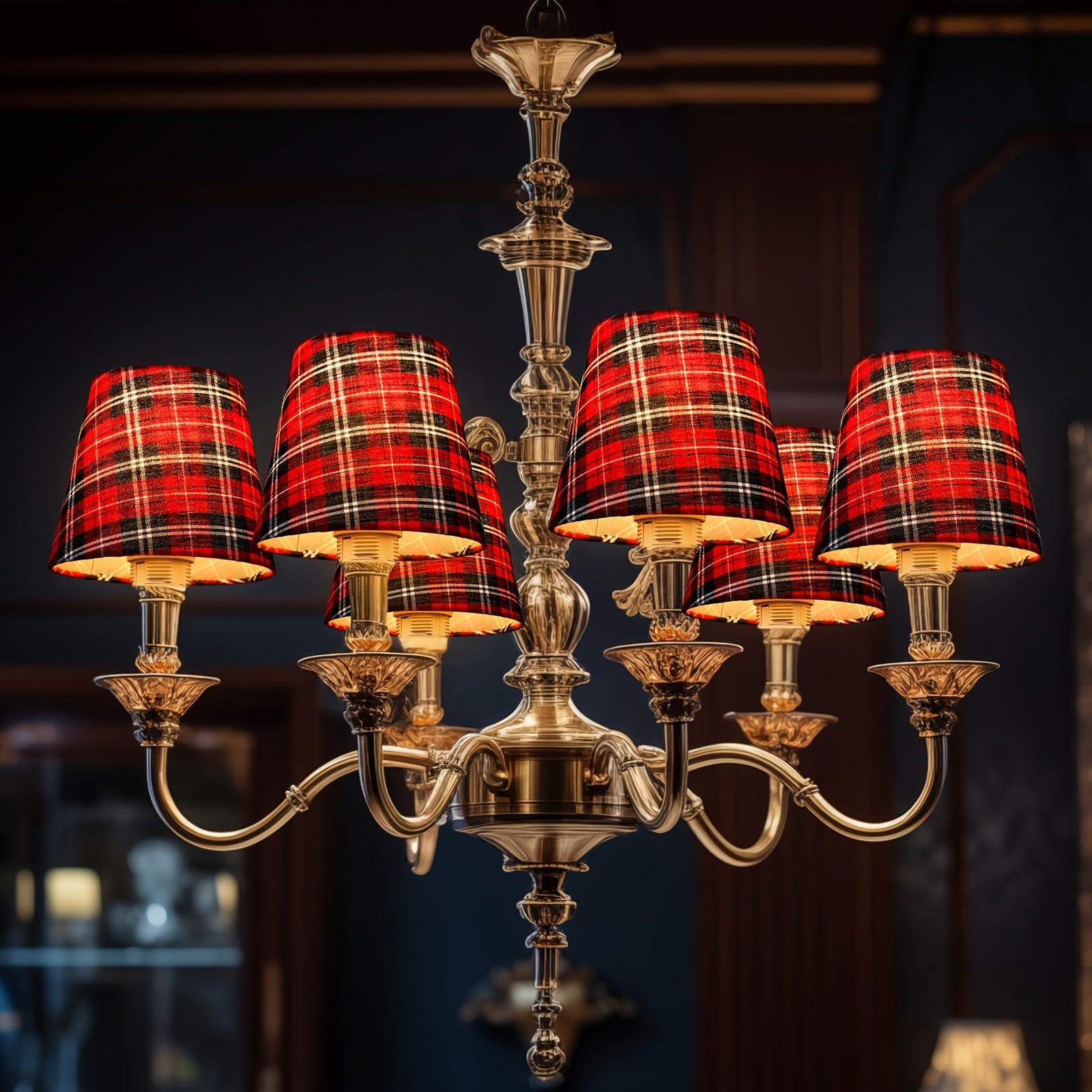 6pcs Red Plaid Chandelier Lamp Shades Set - Hardback Conical Drop Fixtures with Golden-Toned Caps, Compatible with 6-Bulb Fixtures, Plastic Replacement Shades for Modern Ceiling/Wall (5.91"W x 5.12"H) - Holiday & Decor