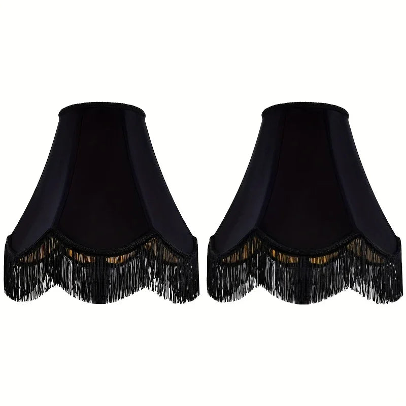 Set of 2 Elegant Black Satin Bell Lampshades with Fringe Trim