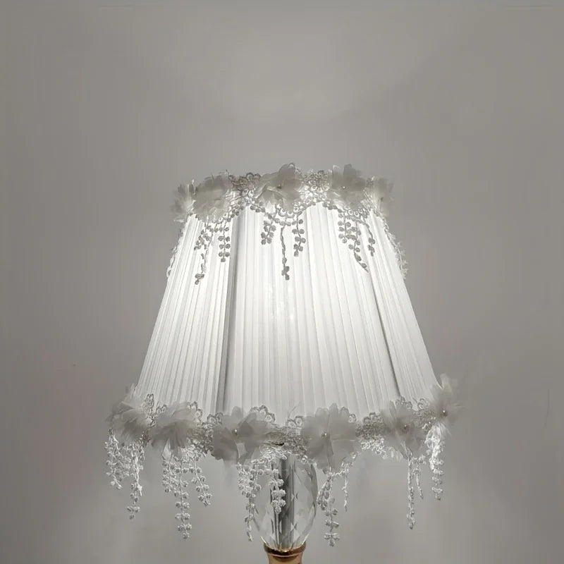 Elegant White Lace Fabric Table Lamp Shade with Crystal Drops