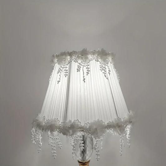 Elegant White Lace Fabric Table Lamp Shade with Crystal Drops