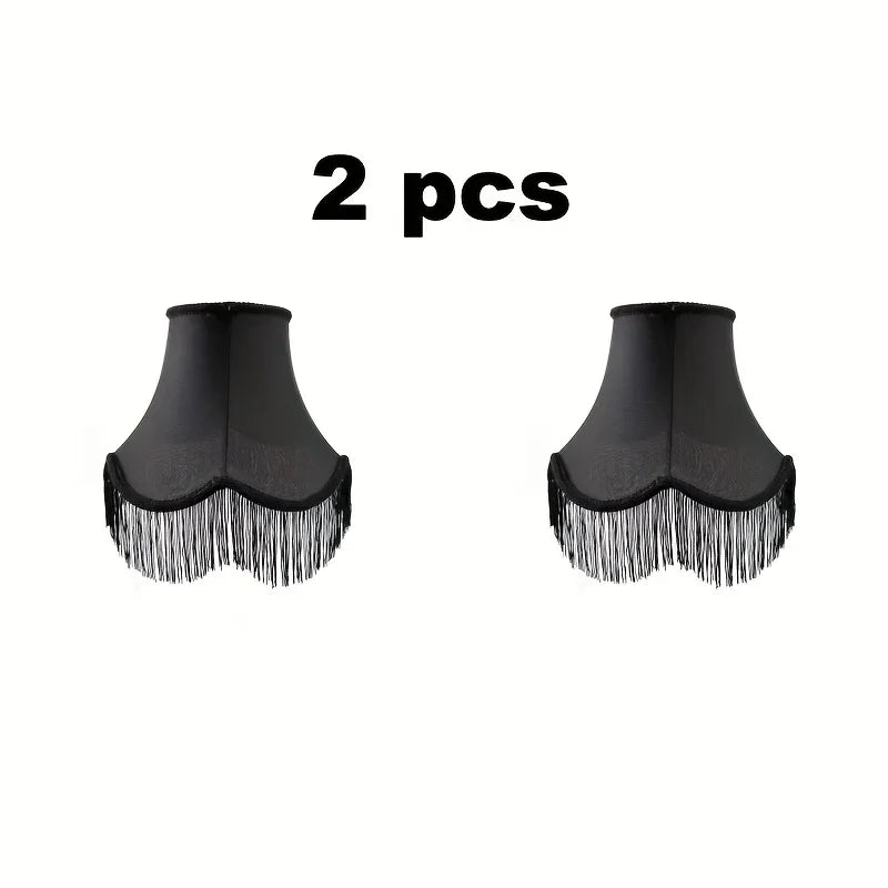 Set of 2 Elegant Black Satin Bell Lampshades with Fringe Trim