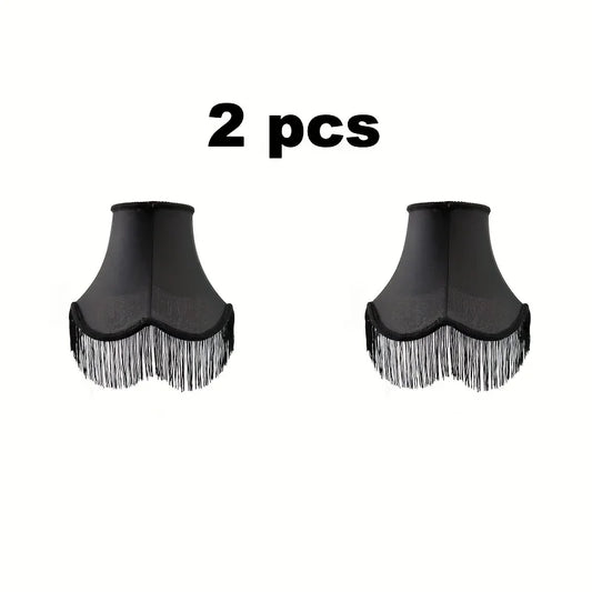 Set of 2 Elegant Black Satin Bell Lampshades with Fringe Trim