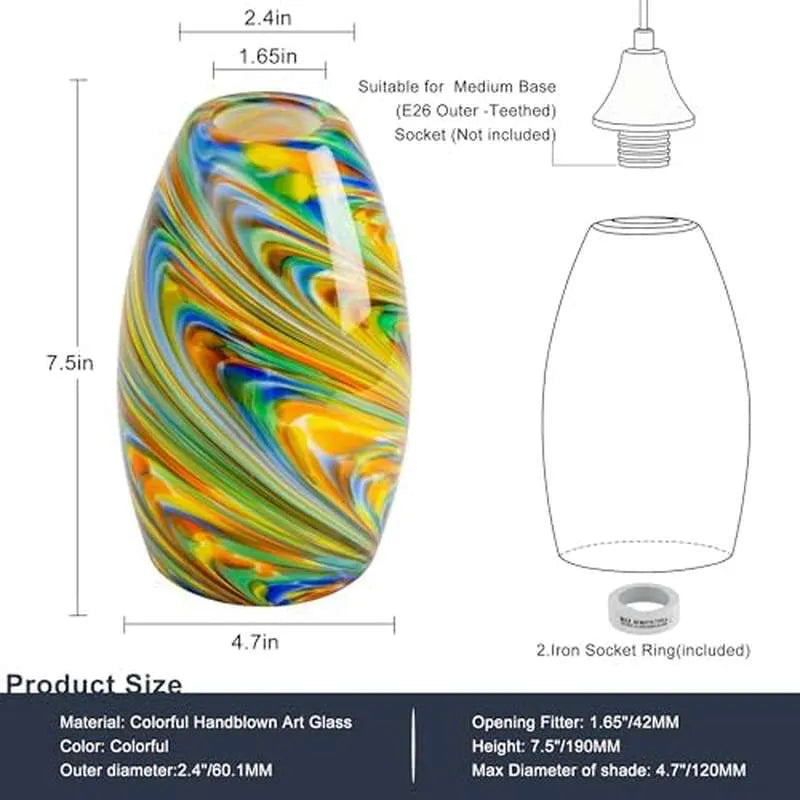 Glass Pendant Lamp Shade 4.72 Colorful Art Glass Chandeliers Cover Mini Oval Light Shade Replacement Shade Only Light Fixtures for Kitchen Island Dining Room, Living, Foyer, Hallway, Entry 1 - Pack