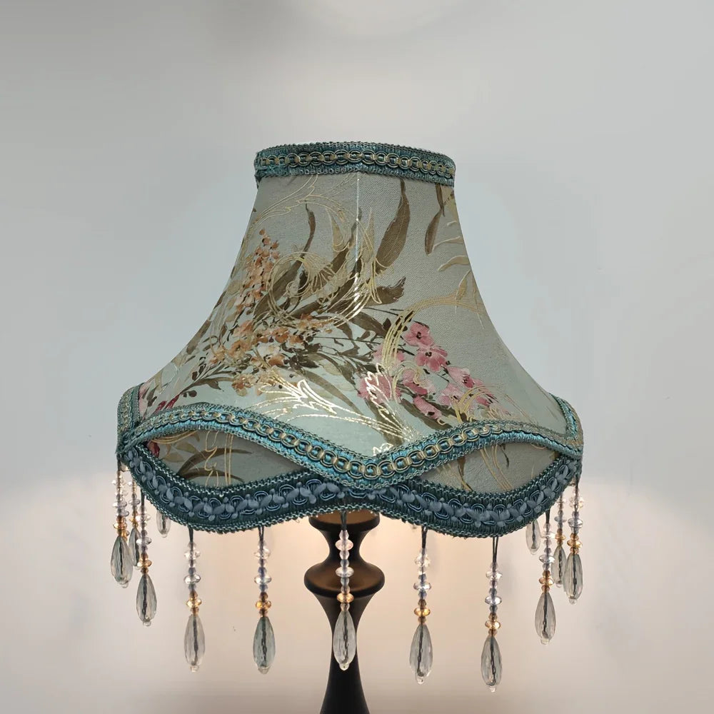 New Chinese-Style Printed Lampshade with Bead Fringe Trim - Vintage Palace Design, Compatible with Various Table lamps