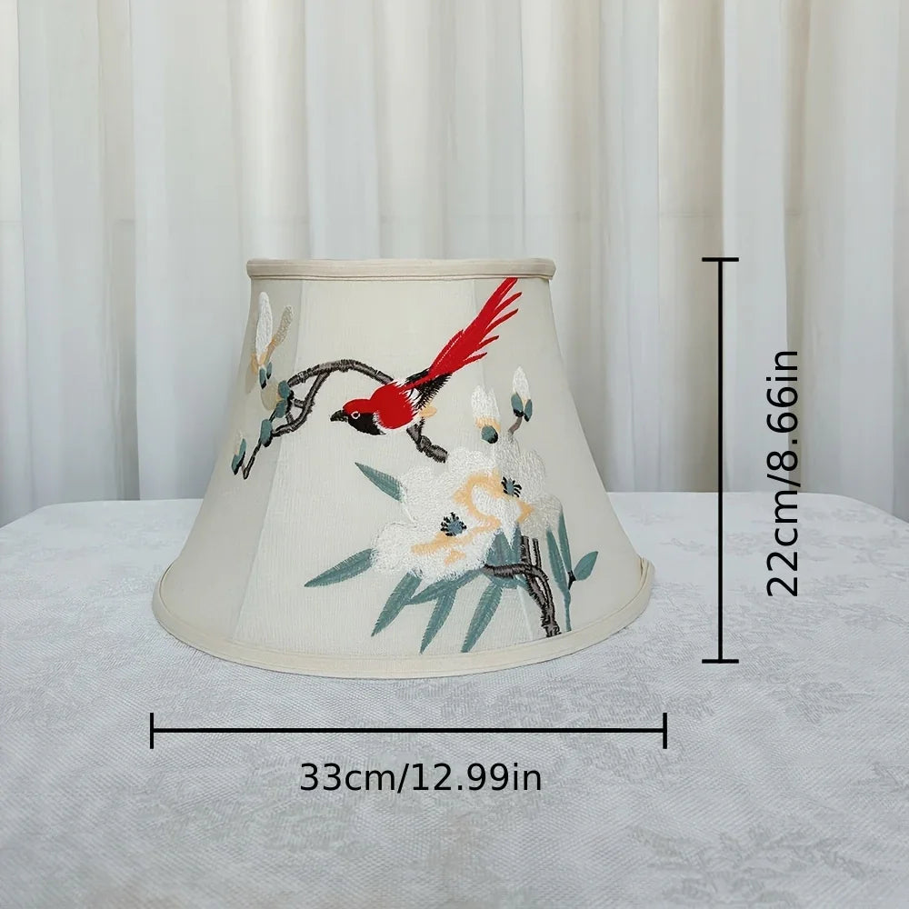 Vintage Hand-Embroidered Fabric Lampshade with Red Bird Floral Accents