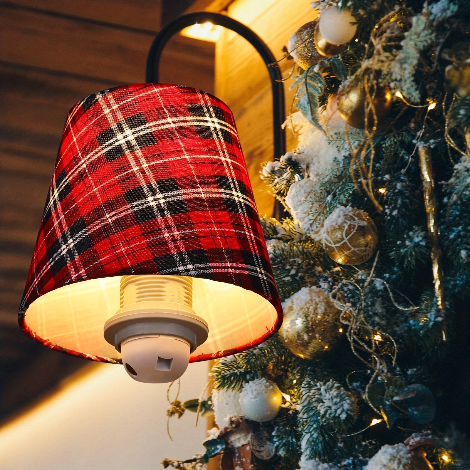 6pcs Red Plaid Chandelier Lamp Shades Set - Hardback Conical Drop Fixtures with Golden-Toned Caps, Compatible with 6-Bulb Fixtures, Plastic Replacement Shades for Modern Ceiling/Wall (5.91"W x 5.12"H) - Holiday & Decor