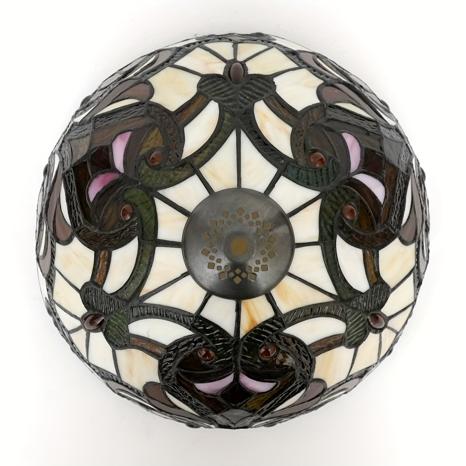 Stained Glass Lampshade with Crystal Beads & Green Leaves