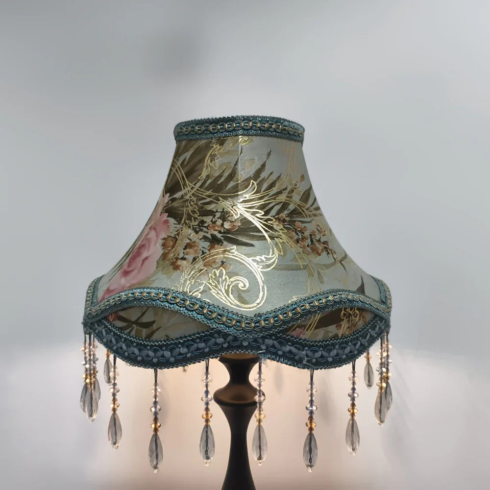 New Chinese-Style Printed Lampshade with Bead Fringe Trim - Vintage Palace Design, Compatible with Various Table lamps
