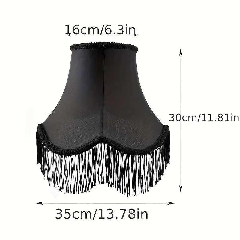 Set of 2 Elegant Black Satin Bell Lampshades with Fringe Trim