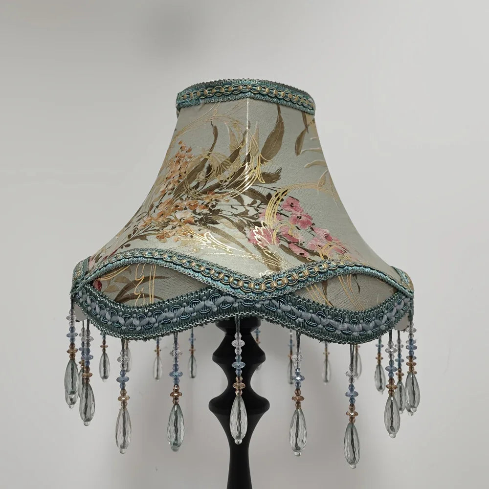 New Chinese-Style Printed Lampshade with Bead Fringe Trim - Vintage Palace Design, Compatible with Various Table lamps