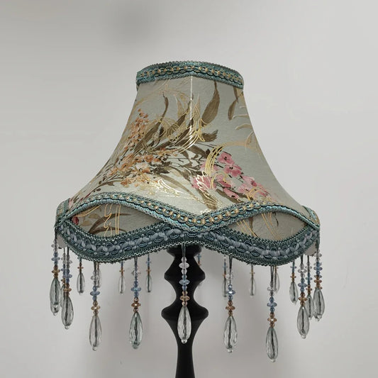 New Chinese-Style Printed Lampshade with Bead Fringe Trim