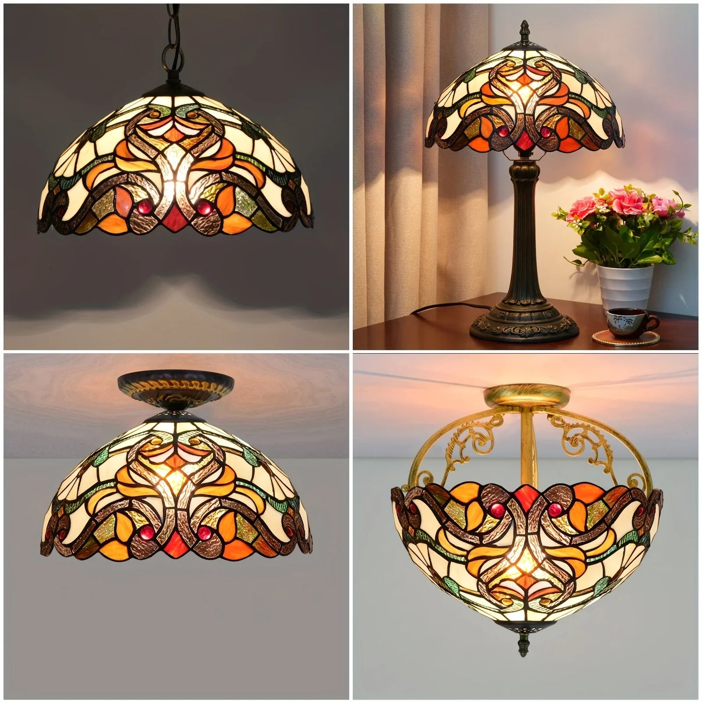 Stained Glass Lampshade with Crystal Beads & Green Leaves