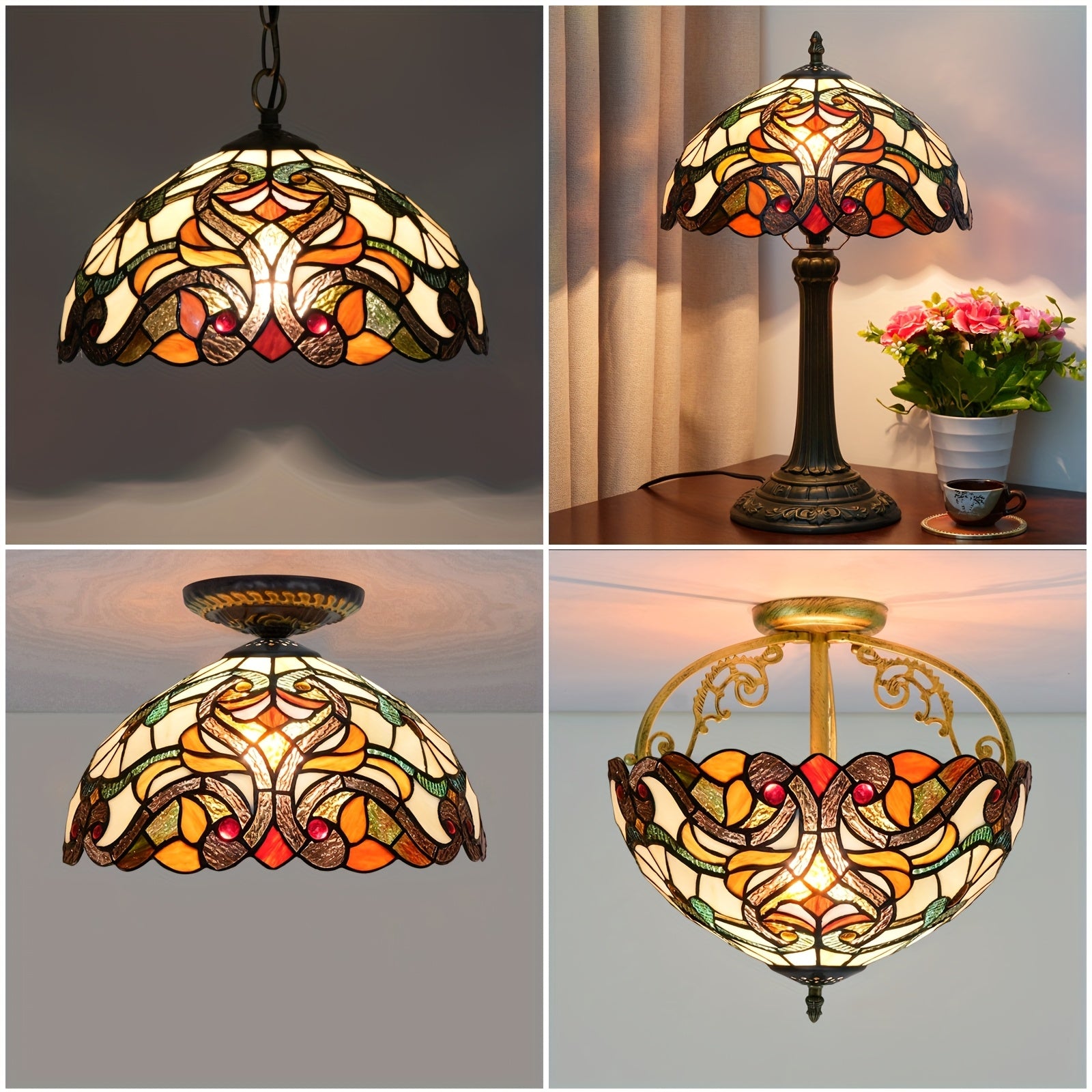 Stained Glass Lampshade with Crystal Beads & Green Leaves