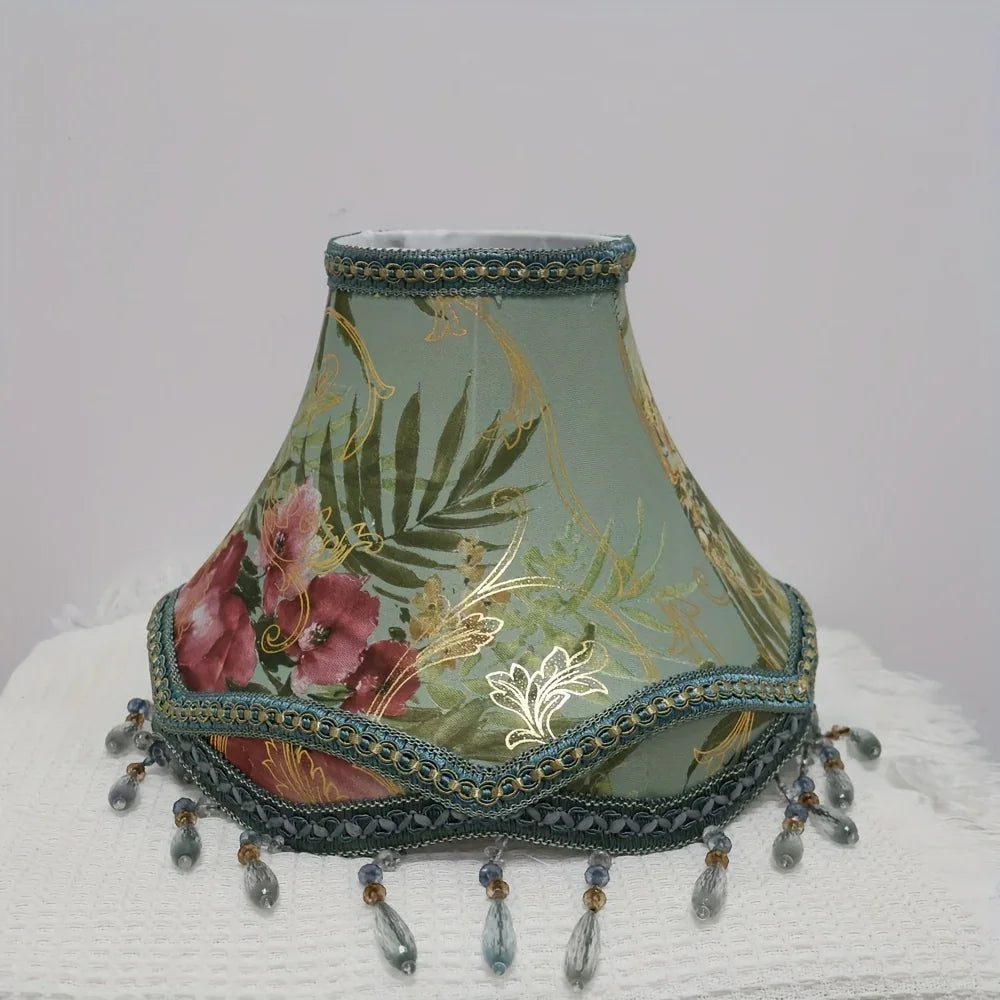 New Chinese-Style Printed Lampshade with Bead Fringe Trim - Vintage Palace Design, Compatible with Various Table lamps