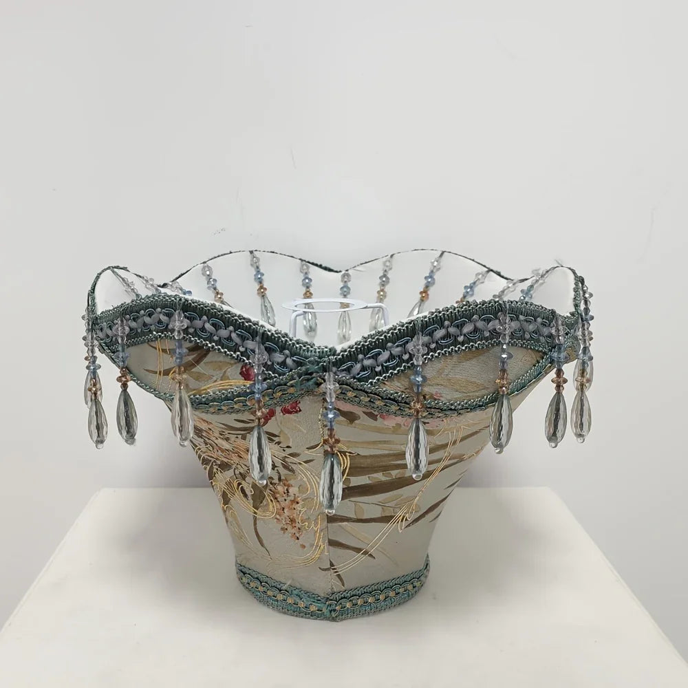 New Chinese-Style Printed Lampshade with Bead Fringe Trim