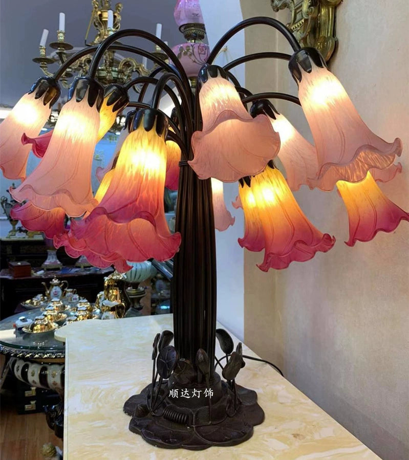 Real Shot Dining Room/Living Room Bedroom Featured Lily Table Lamp Club Office Multi-Color Creative Lamps Blown Glass Adrianas Specialty Lamp Shades 18 head cast iron base In Stock(57*52*73) Pushbutton switch