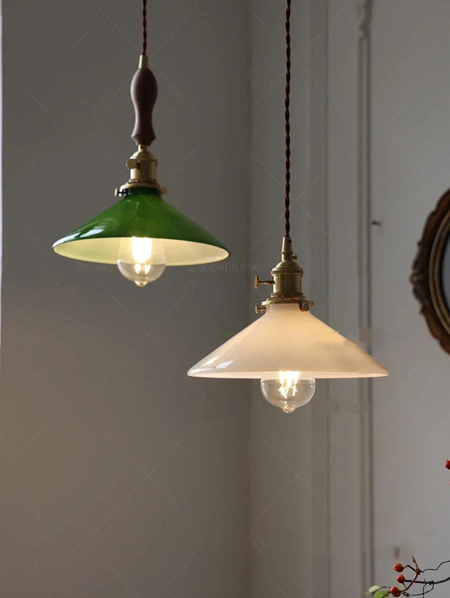 IWHD White Green Glass LED Pendant Lights Fixtures Copper Socket Wood Bedroom Living Room Stair Nordic Edison Handing Lamp