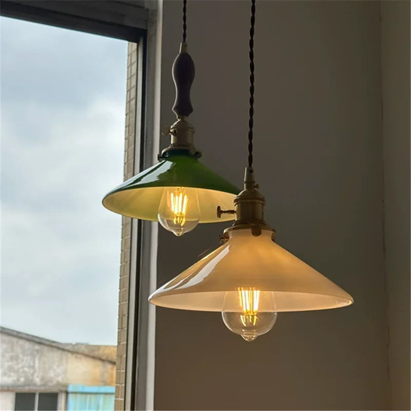 IWHD White Green Glass LED Pendant Lights Fixtures Copper Socket Wood Bedroom Living Room Stair Nordic Edison Handing Lamp