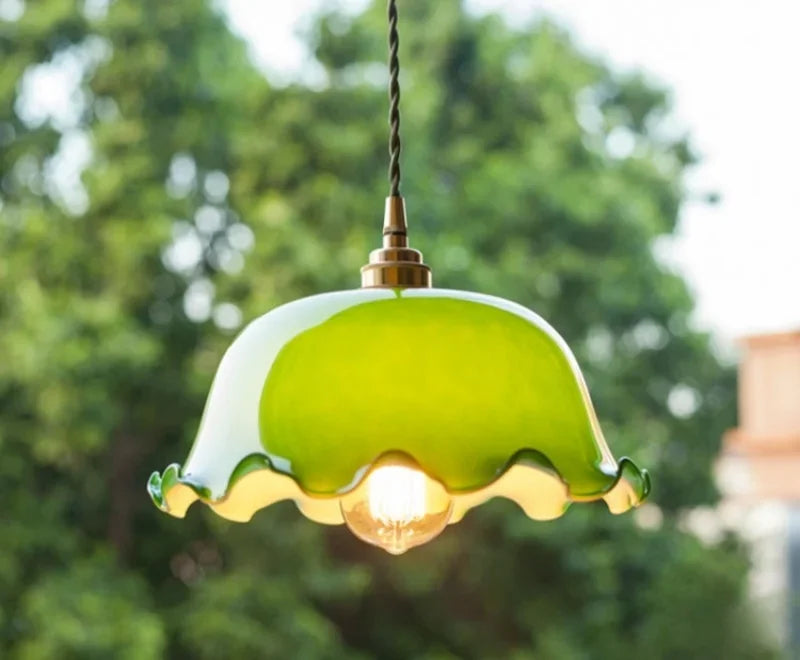 IWHD Green Lotus Lampshade LED Pendant Lights Cafe Restaurant Bar Loft Living Room American Vintage Brass Glass Hanging Lamp