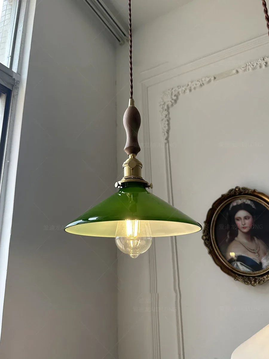 IWHD White Green Glass LED Pendant Lights Fixtures Copper Socket Wood Bedroom Living Room Stair Nordic Edison Handing Lamp