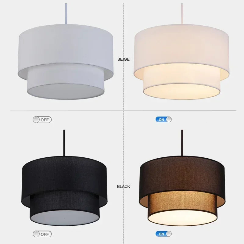 Modern Fixture E27 LED Minimalist Dining Room for Living Bedroom Study Double Linen White-Black-Beige Fabric Pendan Light - Adrianas Specialty Lamp Shades