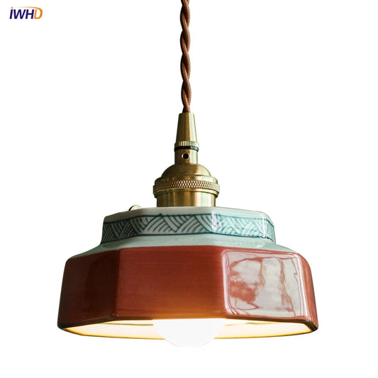 IWHD Vintage LED Pendant Light Freehand Painting Ceramic Copper Pendant Lamp Hanglamp For Home Decoration Living Dining Room