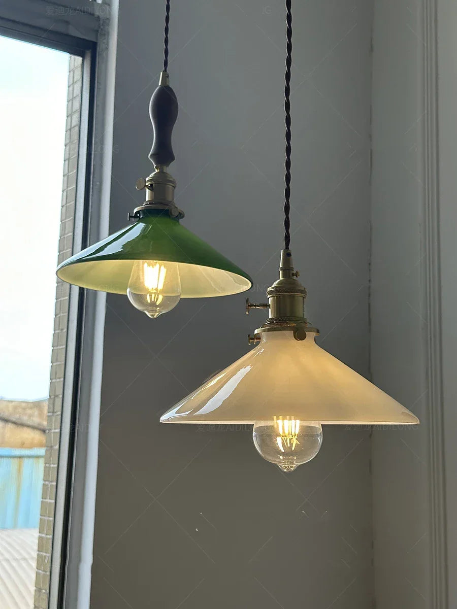 IWHD White Green Glass LED Pendant Lights Fixtures Copper Socket Wood Bedroom Living Room Stair Nordic Edison Handing Lamp