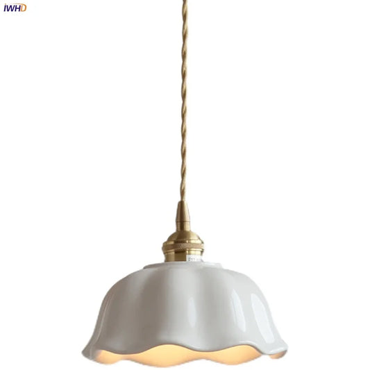 IWHD White Ceramic LED Pendant Lamp Bedroom Study Balcony Wire Adjustable Copper Socket Nordic Modern Home Decor Hanging Lights