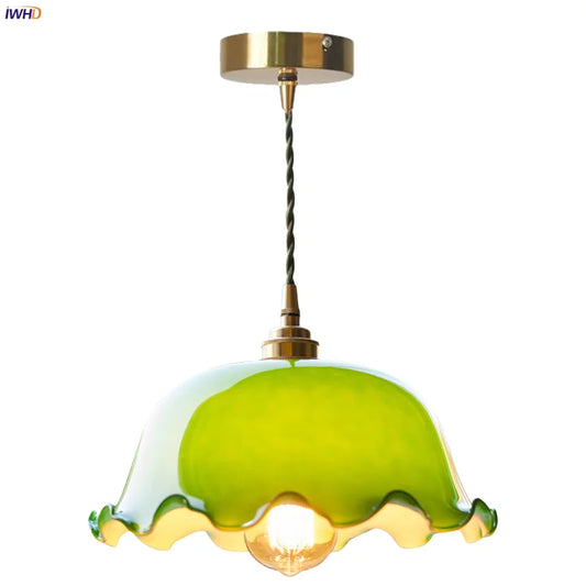 Green Lotus Lampshade LED Pendant Lights Cafe Restaurant Bar Loft Living Room American Vintage Brass Glass Hanging Lamp