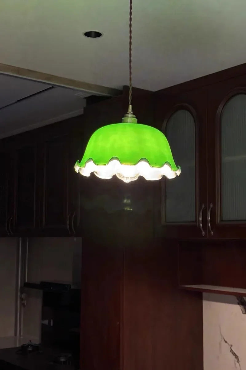 IWHD Green Lotus Lampshade LED Pendant Lights Cafe Restaurant Bar Loft Living Room American Vintage Brass Glass Hanging Lamp