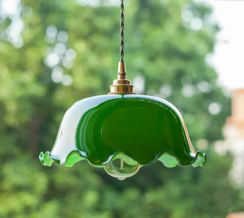 IWHD Green Lotus Lampshade LED Pendant Lights Cafe Restaurant Bar Loft Living Room American Vintage Brass Glass Hanging Lamp