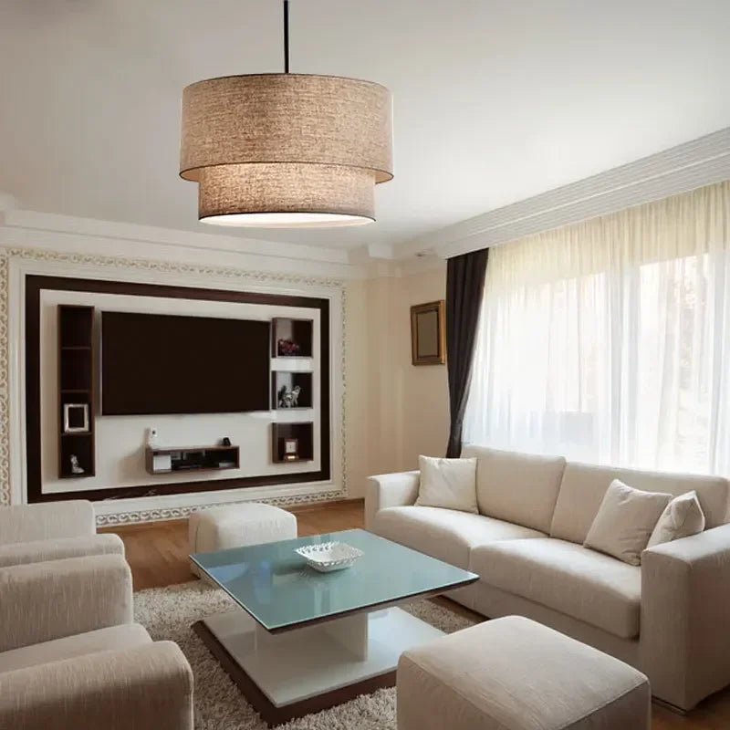 Modern Fixture E27 LED Minimalist Dining Room for Living Bedroom Study Double Linen White-Black-Beige Fabric Pendan Light - Adrianas Specialty Lamp Shades