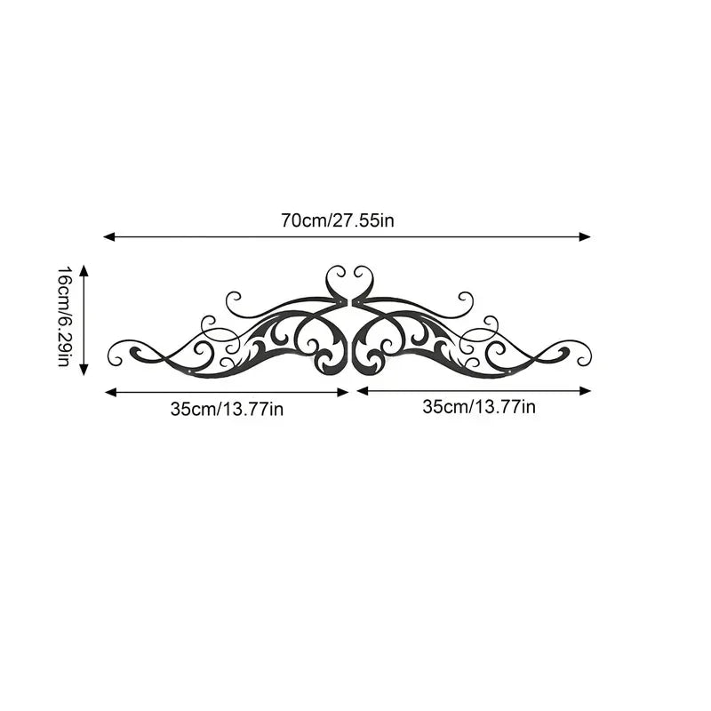 A Vintage-Style Symmetrical Patterned Metal Wall Art Featuring a Scroll with Vine Sculptures