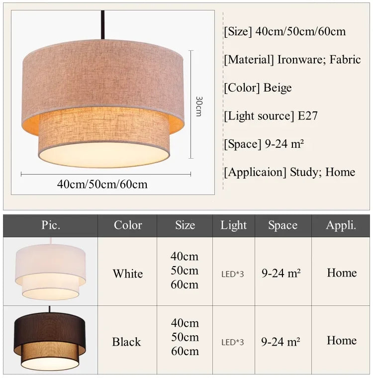 Modern Fixture E27 LED Minimalist Dining Room for Living Bedroom Study Double Linen White-Black-Beige Fabric Pendan Light - Adrianas Specialty Lamp Shades