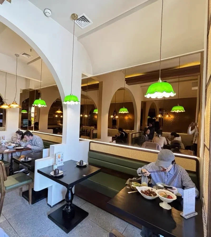 IWHD Green Lotus Lampshade LED Pendant Lights Cafe Restaurant Bar Loft Living Room American Vintage Brass Glass Hanging Lamp