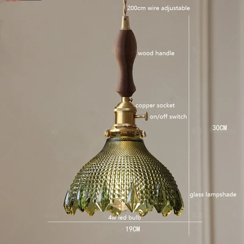 IWHD White Green Glass LED Pendant Lights Fixtures Copper Socket Wood Bedroom Living Room Stair Nordic Edison Handing Lamp