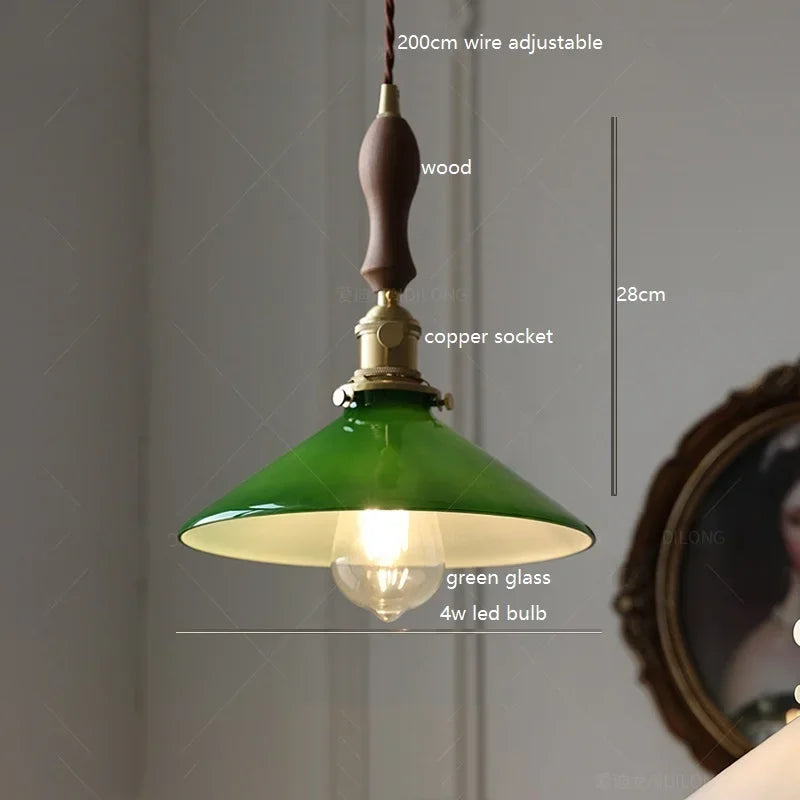 IWHD White Green Glass LED Pendant Lights Fixtures Copper Socket Wood Bedroom Living Room Stair Nordic Edison Handing Lamp